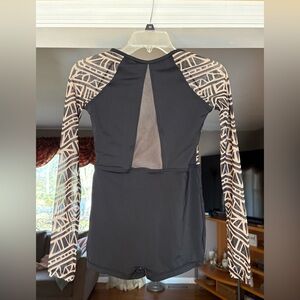 Balera Black Biketard with Mesh Geometric Patterned Sleeves and Back
